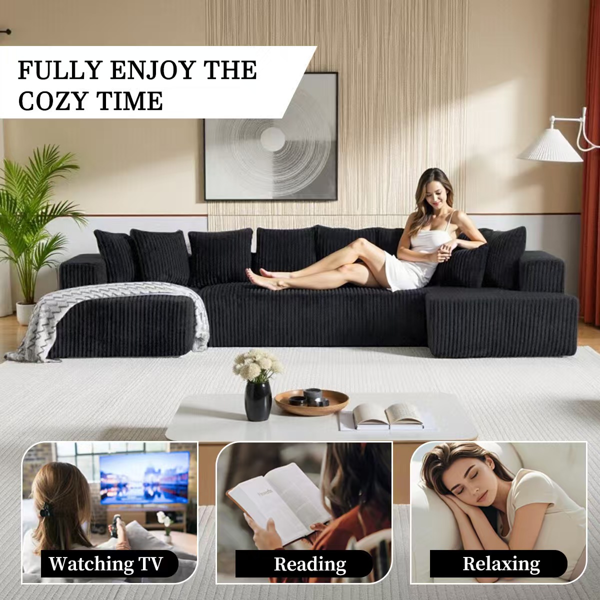 euroluxe u shape sofa – premium fabric three seater with chaise lounge