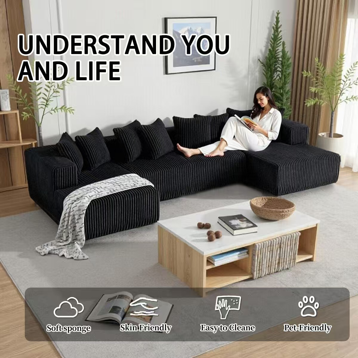euroluxe u shape sofa – premium fabric three seater with chaise lounge